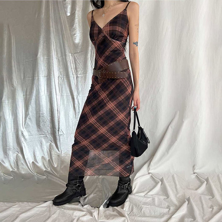 Sheer Plaid Mesh Slip Dress with Spaghetti Straps Grunge Style - Vedlit