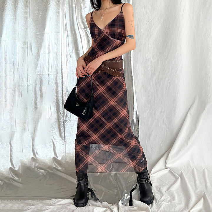 Sheer Plaid Mesh Slip Dress with Spaghetti Straps Grunge Style - Vedlit