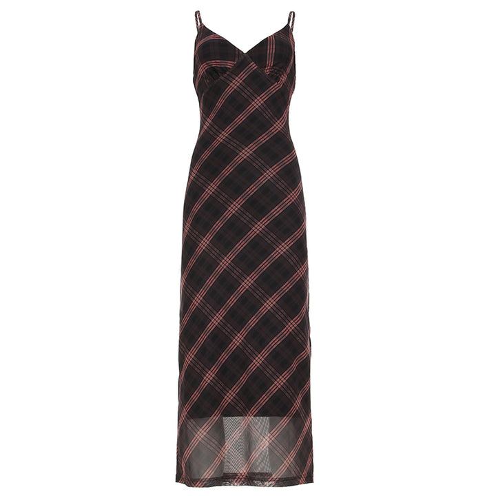 Sheer Plaid Mesh Slip Dress with Spaghetti Straps Grunge Style - Vedlit