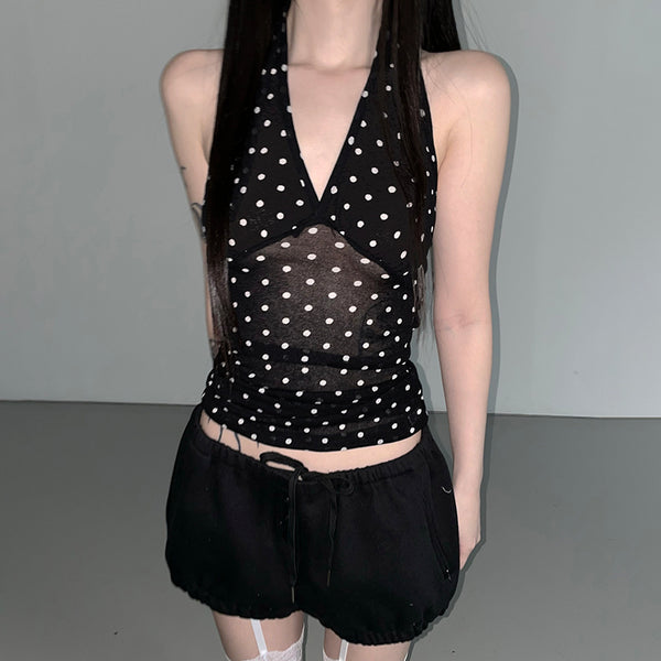 Sheer Polka Dot Halter Mesh Tank Top – Y2K Aesthetic - Vedlit