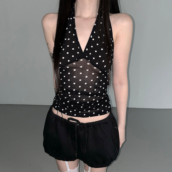 Sheer Polka Dot Halter Mesh Tank Top – Y2K Aesthetic - Vedlit