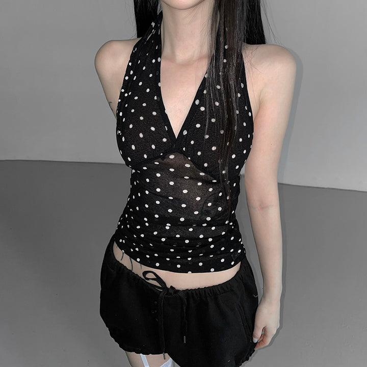 Sheer Polka Dot Halter Mesh Tank Top – Y2K Aesthetic - Vedlit