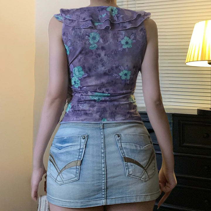 Sheer Ruffle Floral Mesh Tank Top - Vintage Purple Style - Vedlit