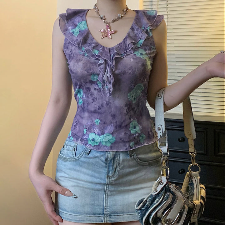 Sheer Ruffle Floral Mesh Tank Top - Vintage Purple Style - Vedlit