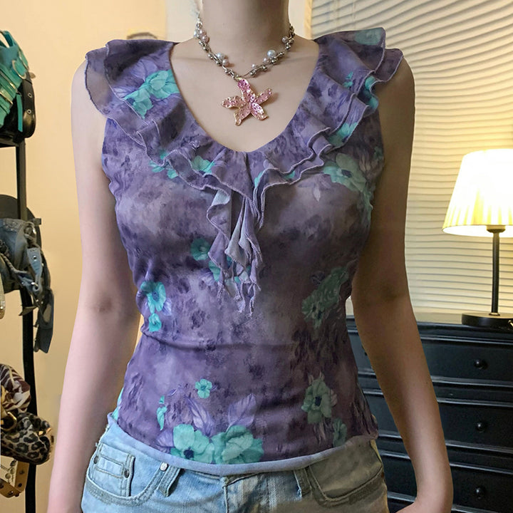 Sheer Ruffle Floral Mesh Tank Top - Vintage Purple Style - Vedlit