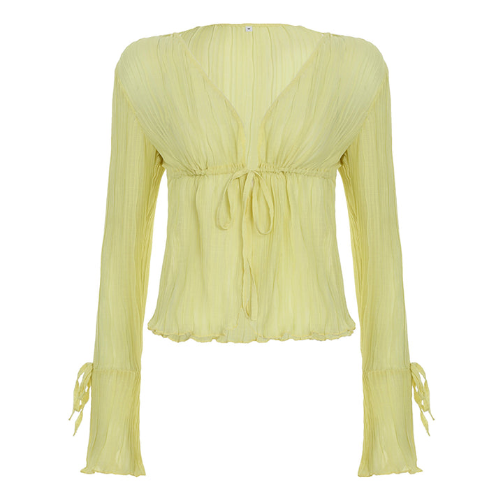 Sheer Yellow Long Sleeve Tie Front Blouse - Vedlit