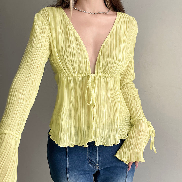 Sheer Yellow Long Sleeve Tie Front Blouse - Vedlit