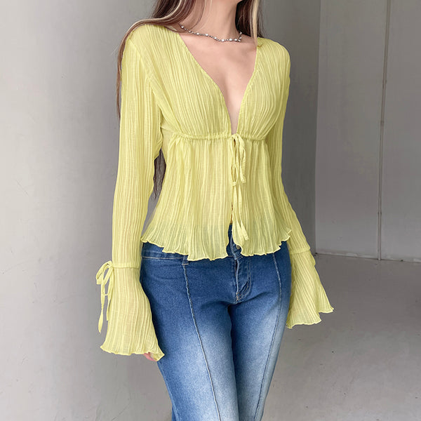 Sheer Yellow Long Sleeve Tie Front Blouse - Vedlit