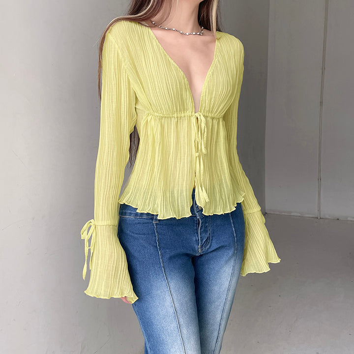 Sheer Yellow Long Sleeve Tie Front Blouse - Vedlit