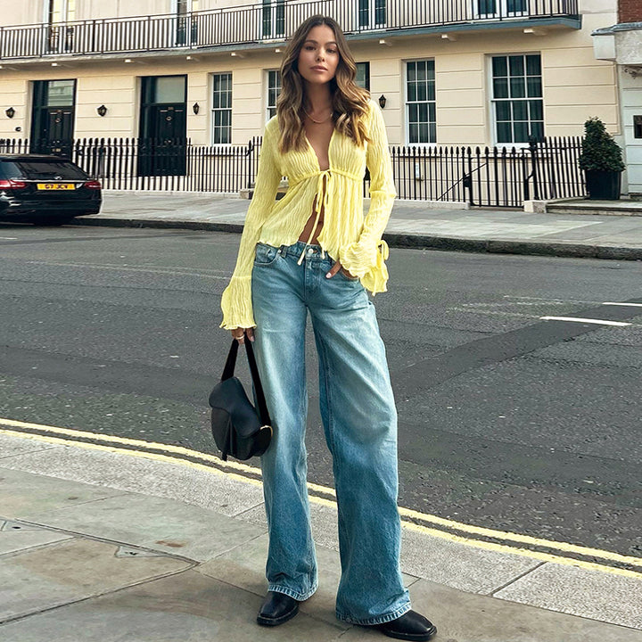 Sheer Yellow Long Sleeve Tie Front Blouse - Vedlit