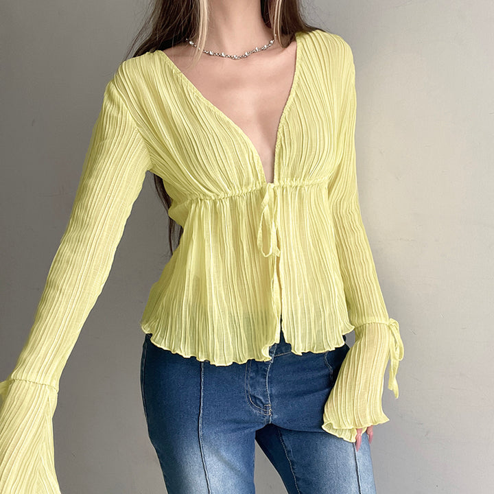 Sheer Yellow Long Sleeve Tie Front Blouse - Vedlit