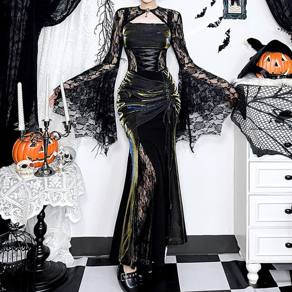 Shiny Gothic Lace Maxi Dress And Shrug Top - Vedlit