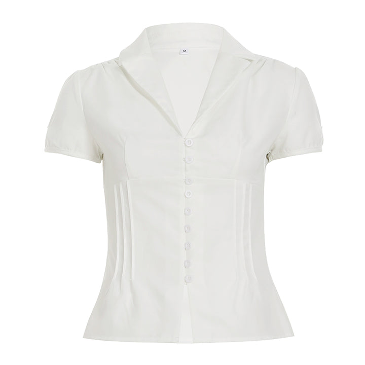 Short Sleeve Button-Up Fitted Blouse with Lapel Collar - Vedlit