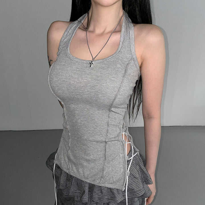 Side Lace-Up Ribbed Halter Tank Top in Gray - Vedlit