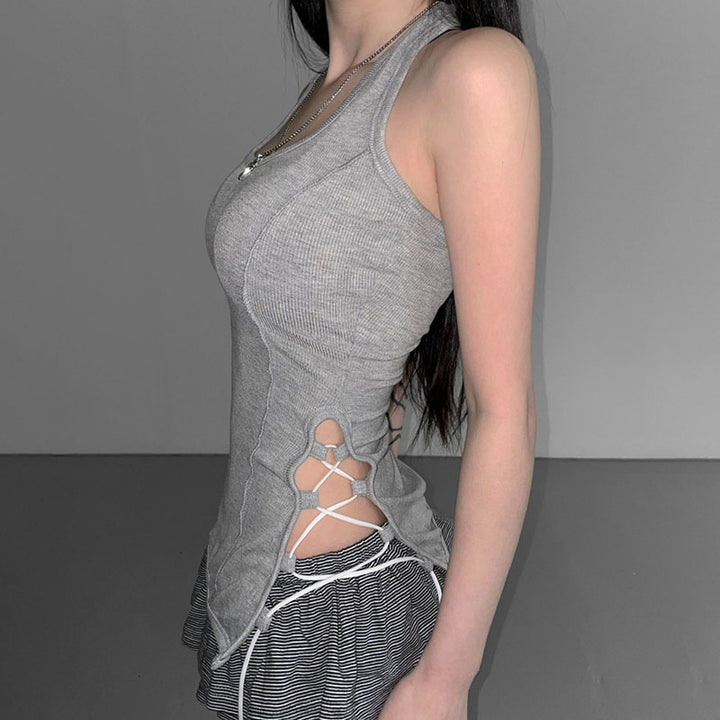 Side Lace-Up Ribbed Halter Tank Top in Gray - Vedlit