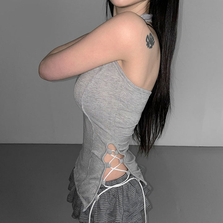 Side Lace-Up Ribbed Halter Tank Top in Gray - Vedlit