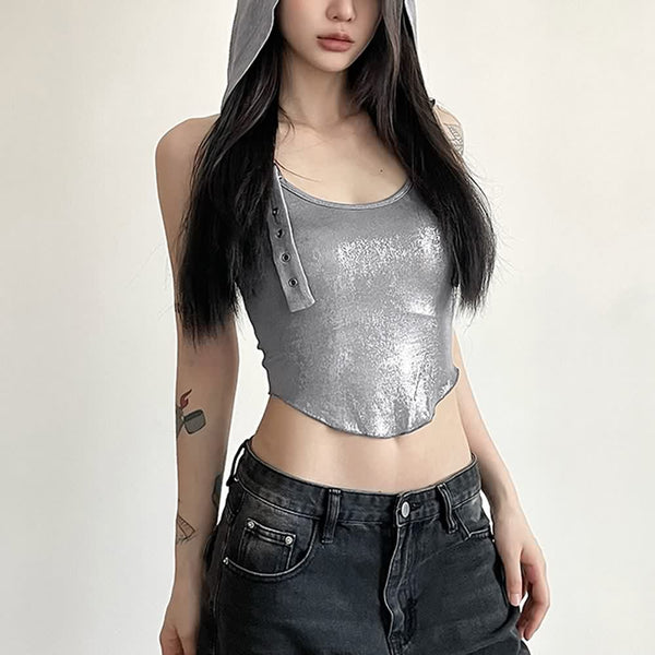 Silver Metallic Hooded Crop Top - Vedlit