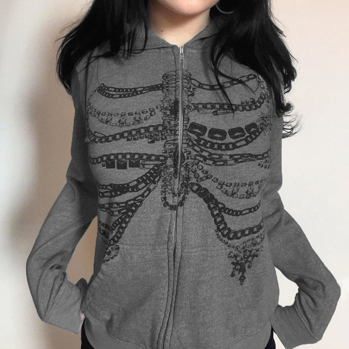 Skeleton Chains Graphic Zip Hoodie - Gothic Streetwear - Vedlit