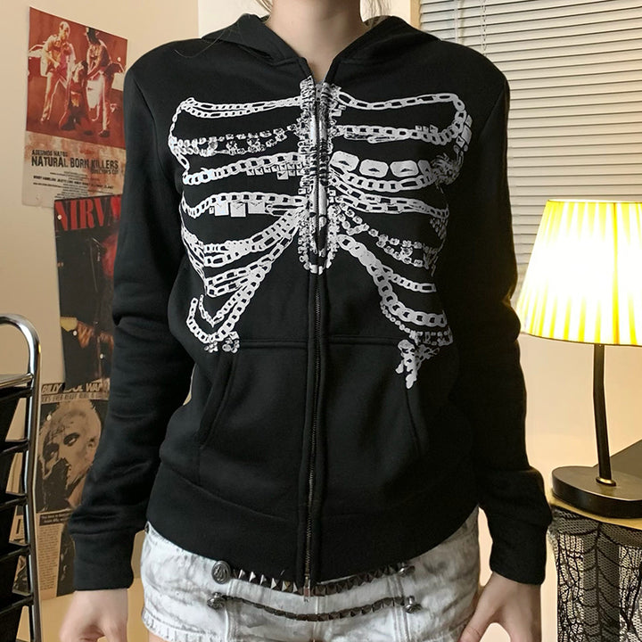Skeleton Chains Graphic Zip Hoodie - Gothic Streetwear - Vedlit
