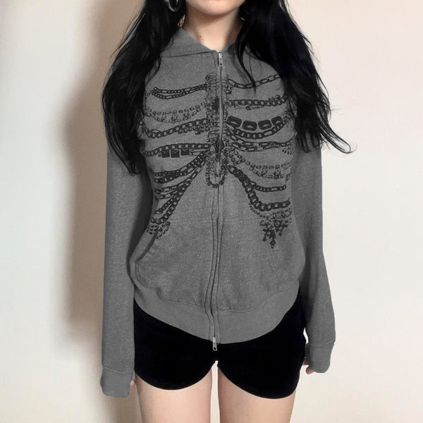 Skeleton Chains Graphic Zip Hoodie - Gothic Streetwear - Vedlit