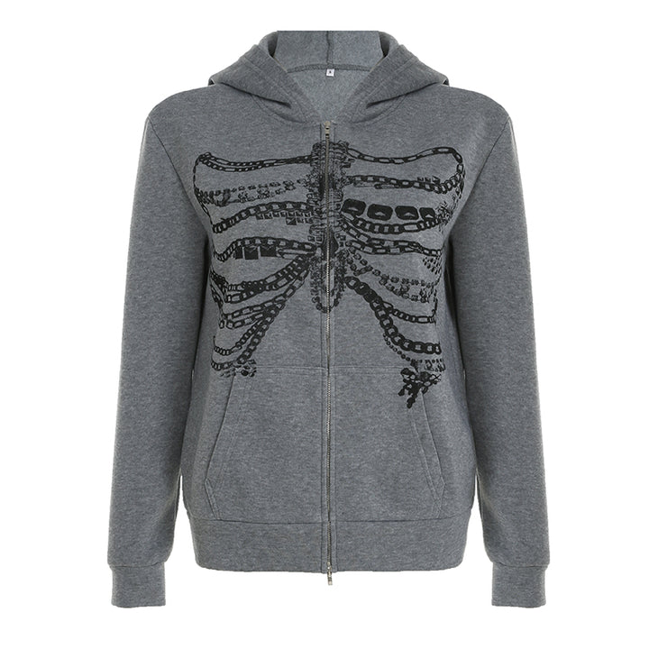 Skeleton Chains Graphic Zip Hoodie - Gothic Streetwear - Vedlit