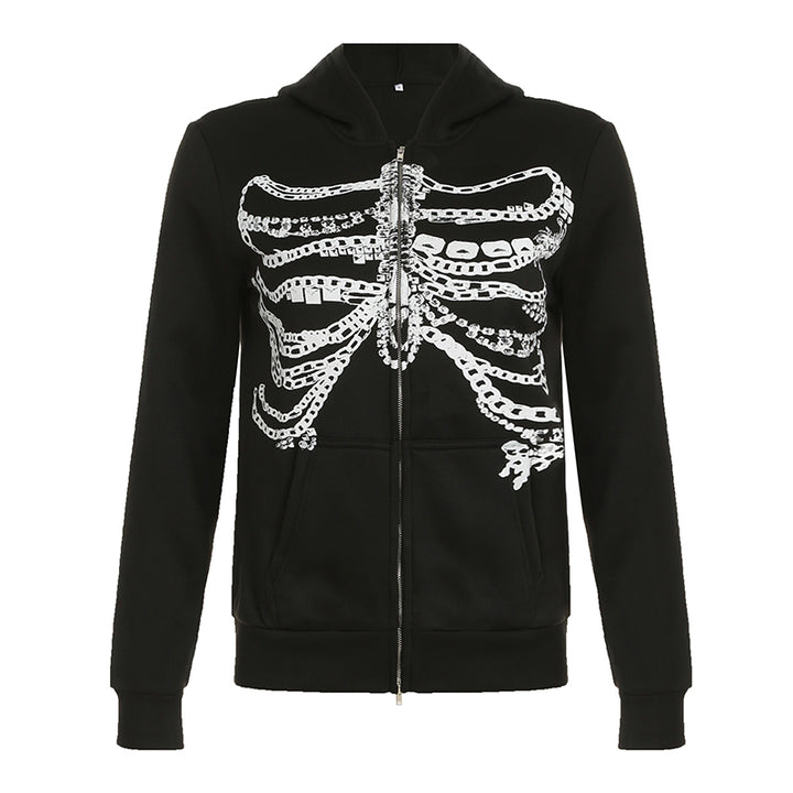 Skeleton Chains Graphic Zip Hoodie - Gothic Streetwear - Vedlit