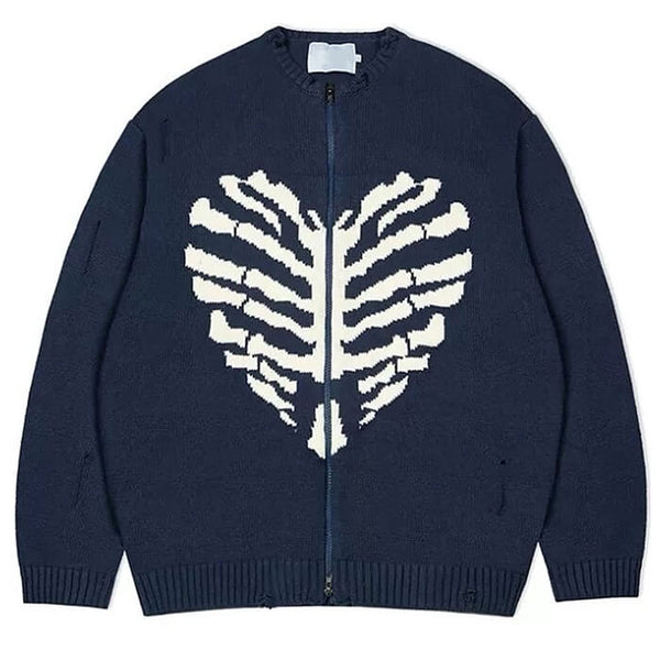 Skeleton Print Zip Up Sweater - Vedlit