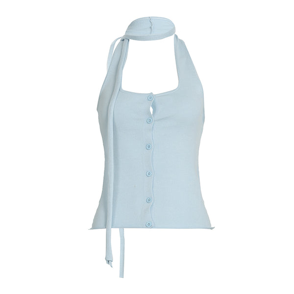 Sky Blue Halter Top with Scarf Tie and Button Front - Vedlit