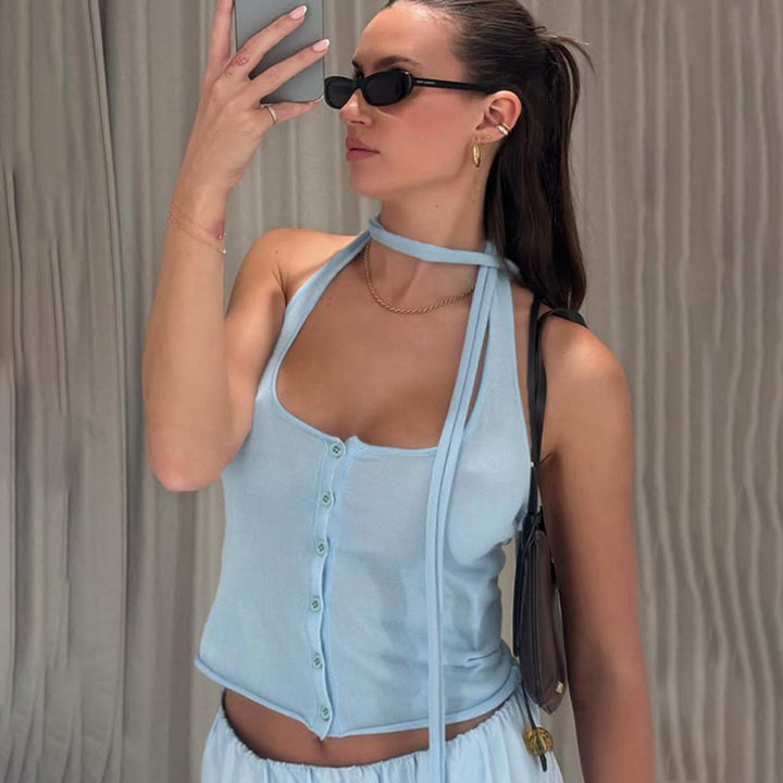 Sky Blue Halter Top with Scarf Tie and Button Front - Vedlit