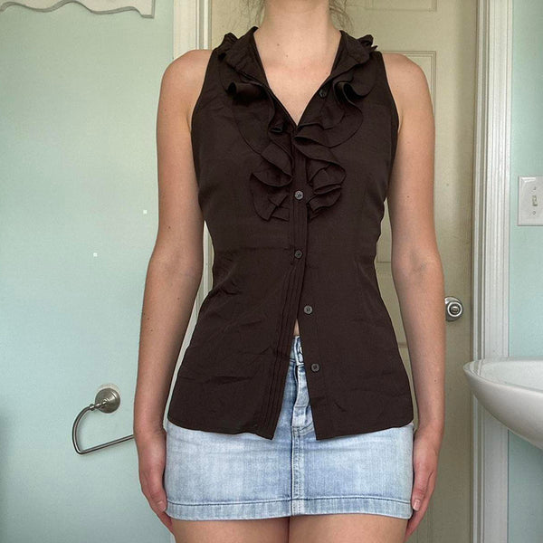 Sleeveless Button-Up Ruffle Blouse in Brown - Vedlit