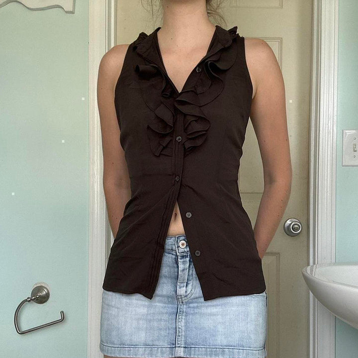 Sleeveless Button-Up Ruffle Blouse in Brown - Vedlit