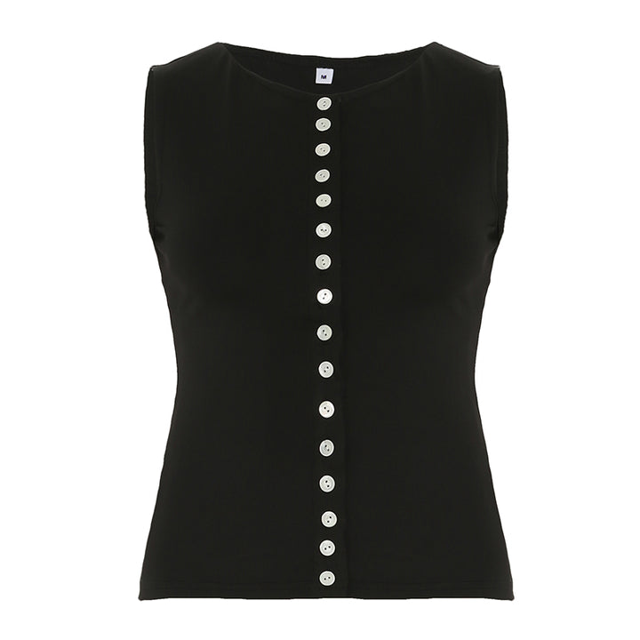Slim Fit Black Sleeveless Button Tank Top Y2K Style - Vedlit