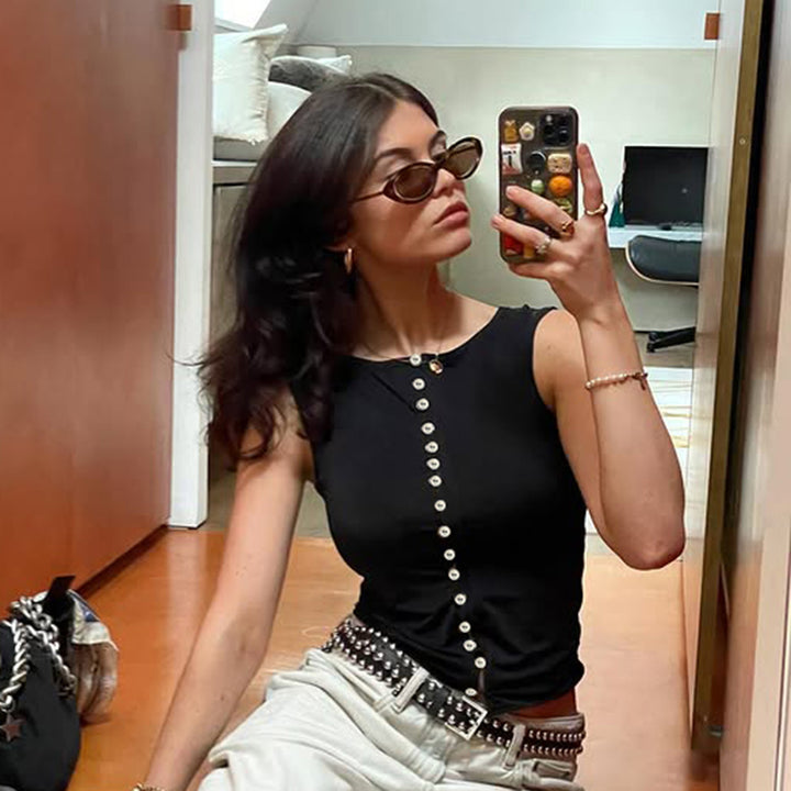 Slim Fit Black Sleeveless Button Tank Top Y2K Style - Vedlit