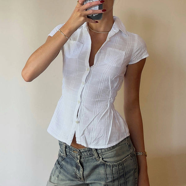 Slim Fit Cap Sleeve Button Shirt - White Cotton Blouse - Vedlit