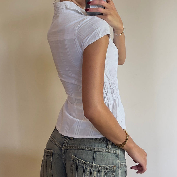 Slim Fit Cap Sleeve Button Shirt - White Cotton Blouse - Vedlit