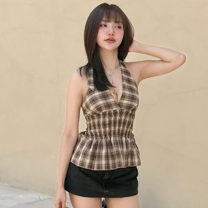 Smocked Plaid Halter Top with Peplum Hem – Summer Chic - Vedlit
