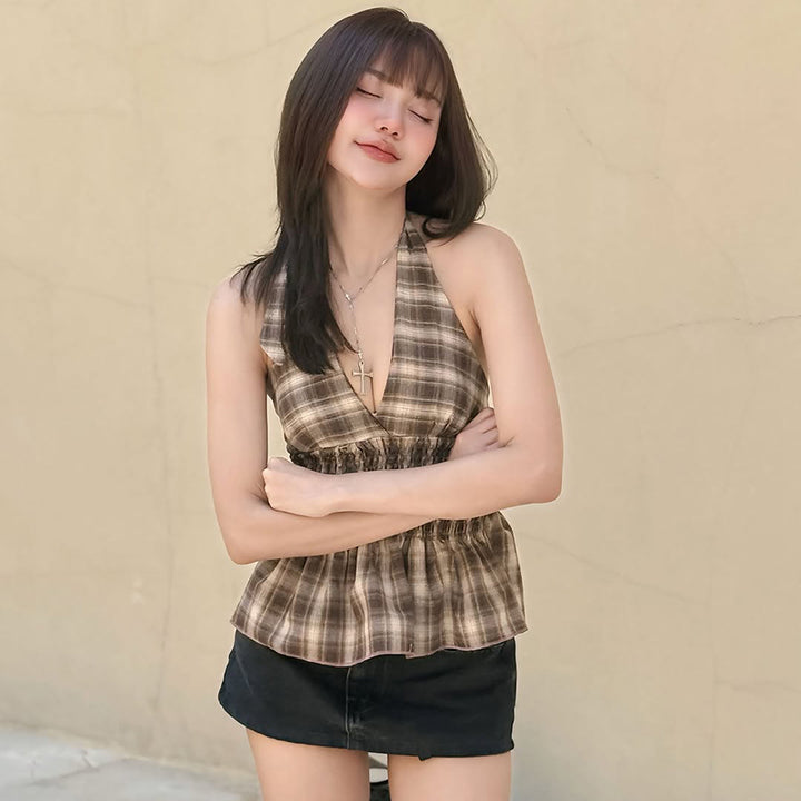 Smocked Plaid Halter Top with Peplum Hem – Summer Chic - Vedlit