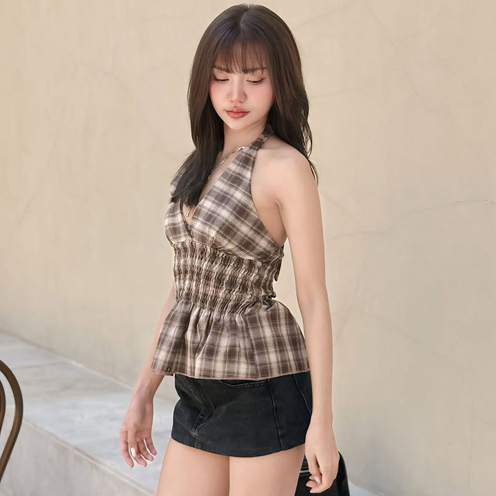 Smocked Plaid Halter Top with Peplum Hem – Summer Chic - Vedlit