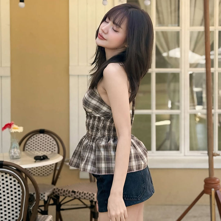 Smocked Plaid Halter Top with Peplum Hem – Summer Chic - Vedlit