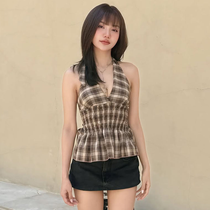 Smocked Plaid Halter Top with Peplum Hem – Summer Chic - Vedlit