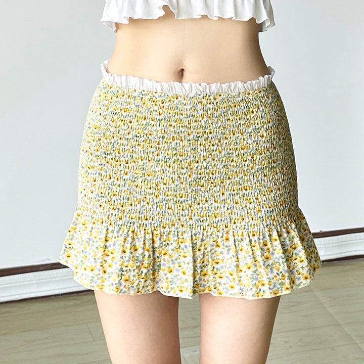 Smocked Ruffle Hem Yellow Floral Mini Skirt - Vedlit