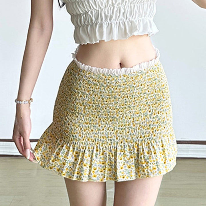 Smocked Ruffle Hem Yellow Floral Mini Skirt - Vedlit