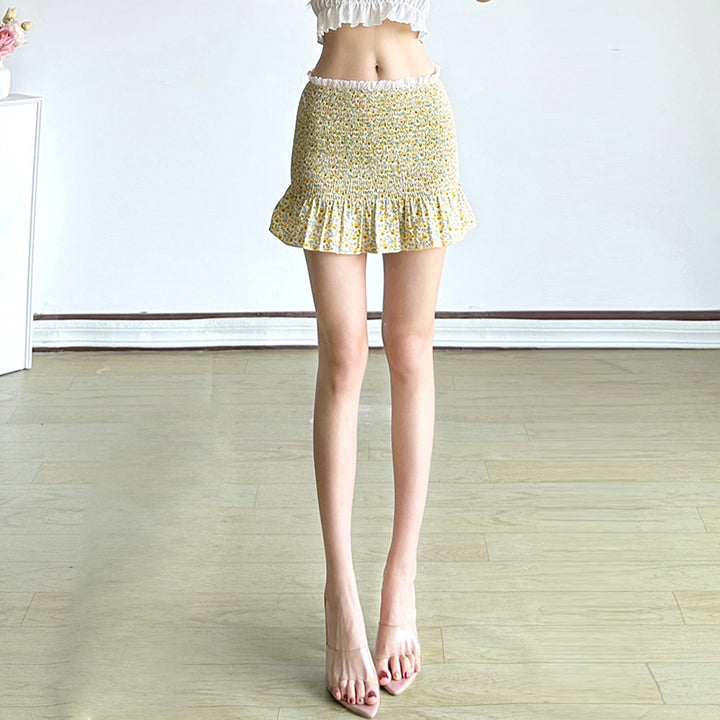 Smocked Ruffle Hem Yellow Floral Mini Skirt - Vedlit