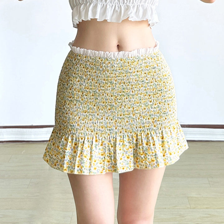 Smocked Ruffle Hem Yellow Floral Mini Skirt - Vedlit