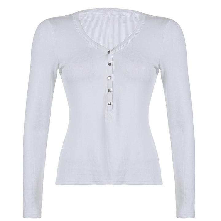 Snap Button V-Neck Long Sleeve Ribbed Top - Vedlit