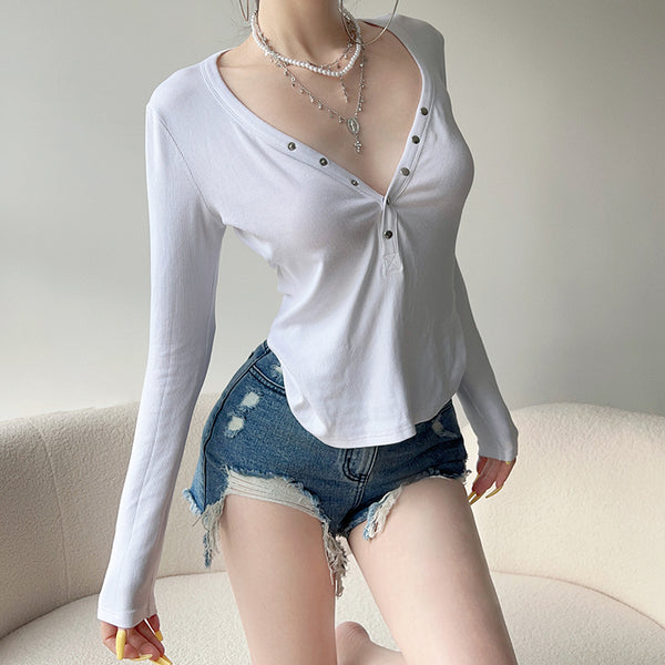 Snap Button V-Neck Long Sleeve Ribbed Top - Vedlit