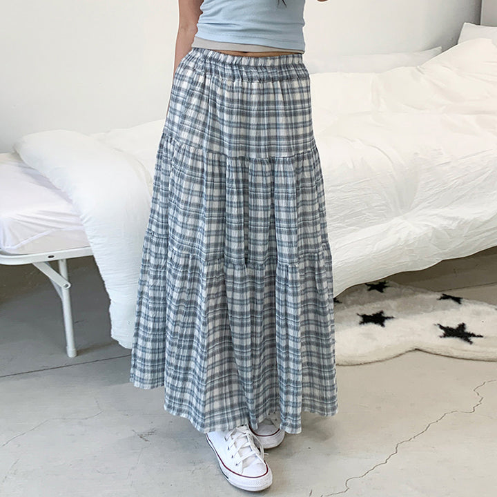 Soft Blue Gray Plaid Tiered Maxi Skirt with Elastic Waist - Vedlit