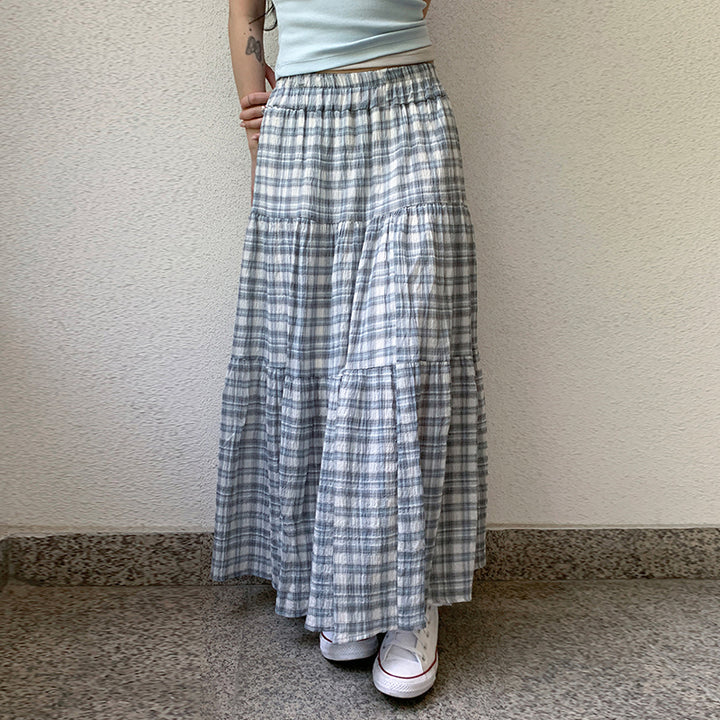 Soft Blue Gray Plaid Tiered Maxi Skirt with Elastic Waist - Vedlit