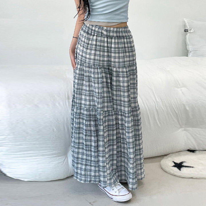Soft Blue Gray Plaid Tiered Maxi Skirt with Elastic Waist - Vedlit
