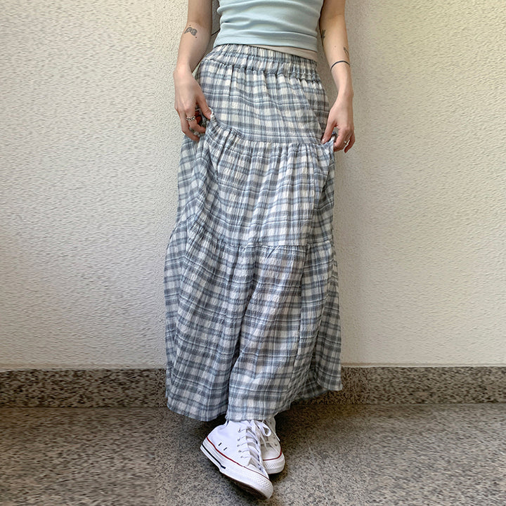 Soft Blue Gray Plaid Tiered Maxi Skirt with Elastic Waist - Vedlit